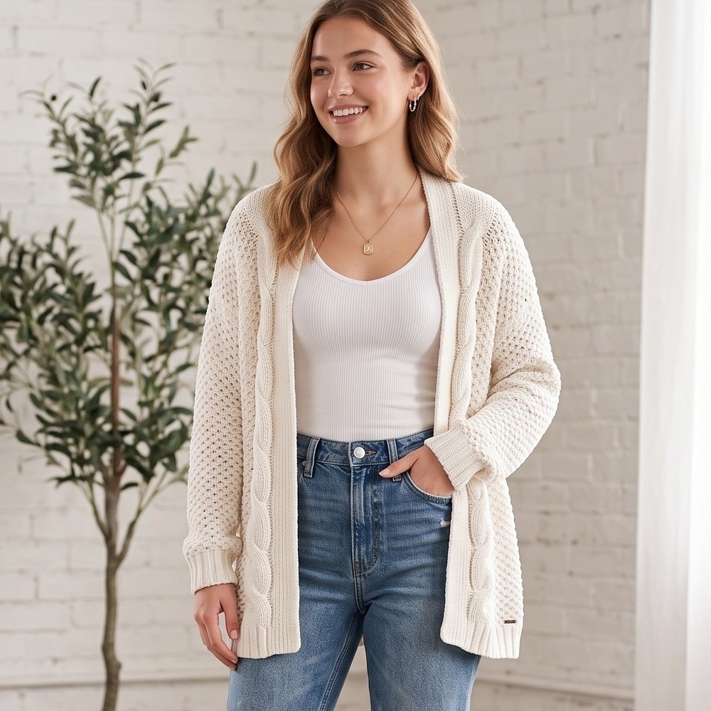 Hollister Cardigan Women S Cream Excellent Chenille Cable Knit Open Front Soft